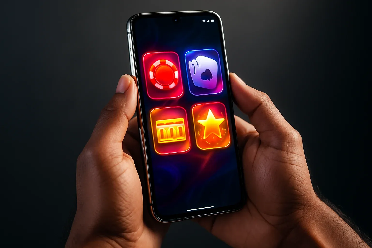Bangladeshi male hands holding Android phone with glowing app interface