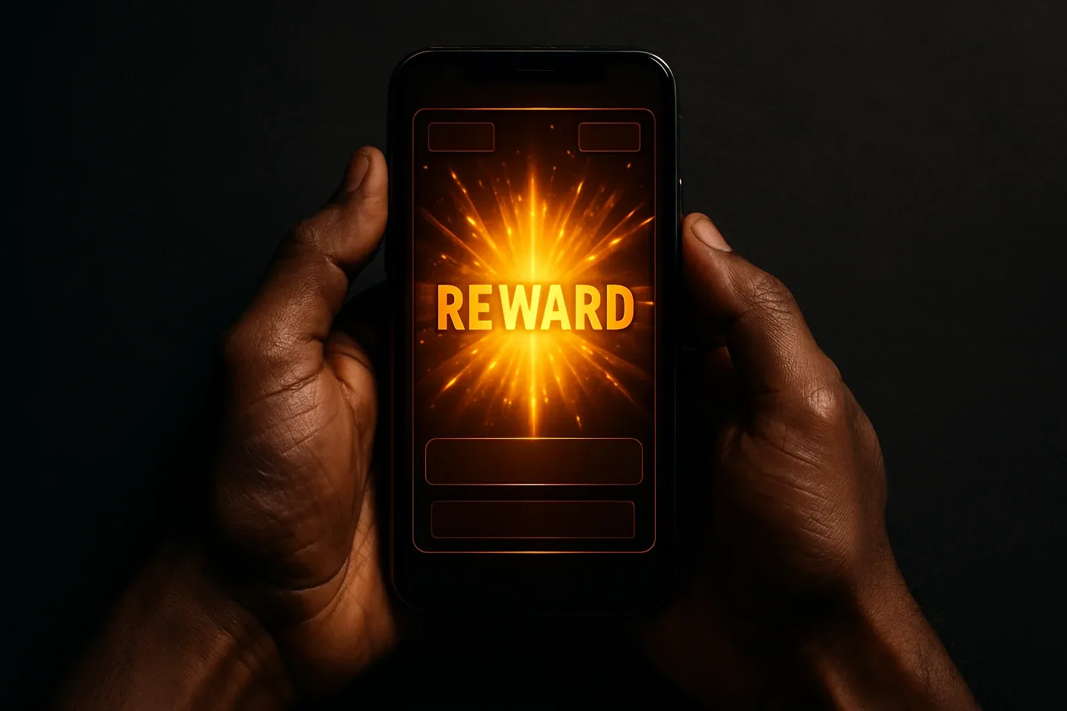 Bangladeshi man hands holding smartphone showing glowing golden reward animation