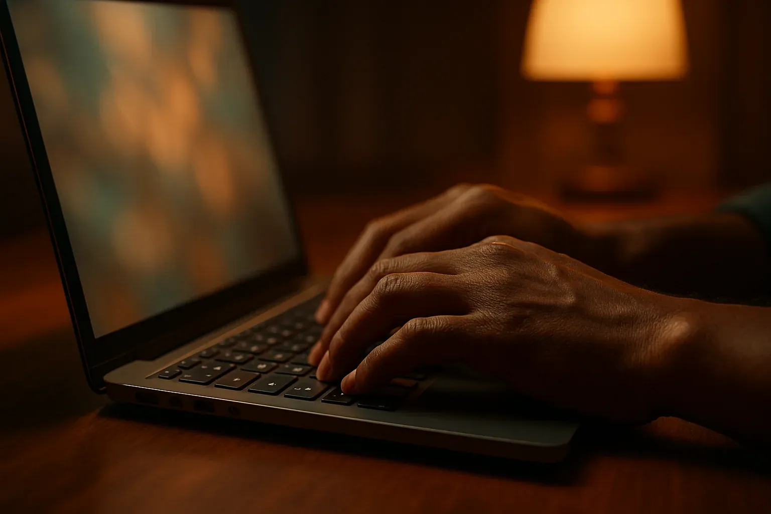Cinematic close-up of Bangladeshi hands typing on laptop keyboard