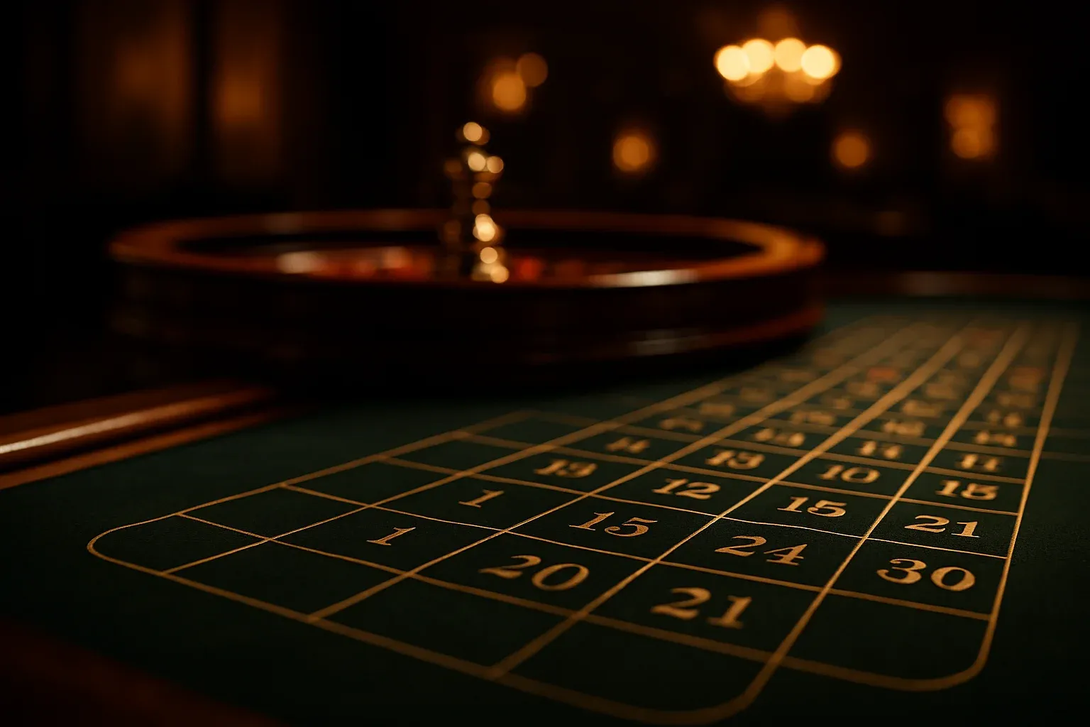 Ultra-realistic casino table with roulette wheel in soft focus and green felt