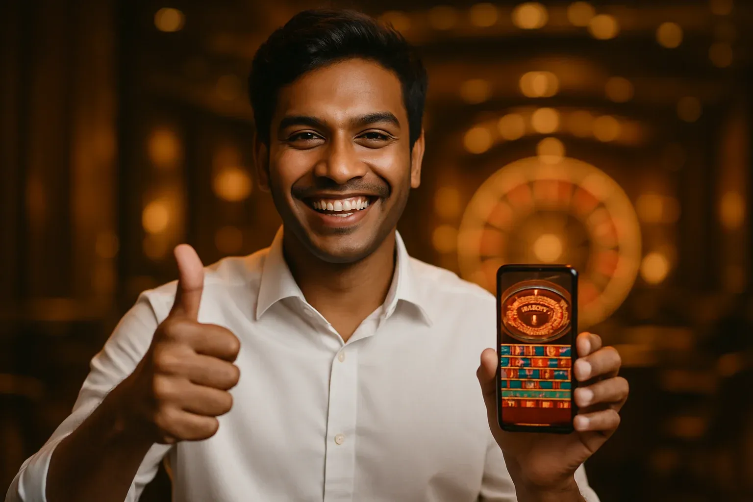 Grinning Bangladeshi man giving thumbs-up holding smartphone with glowing casino interface