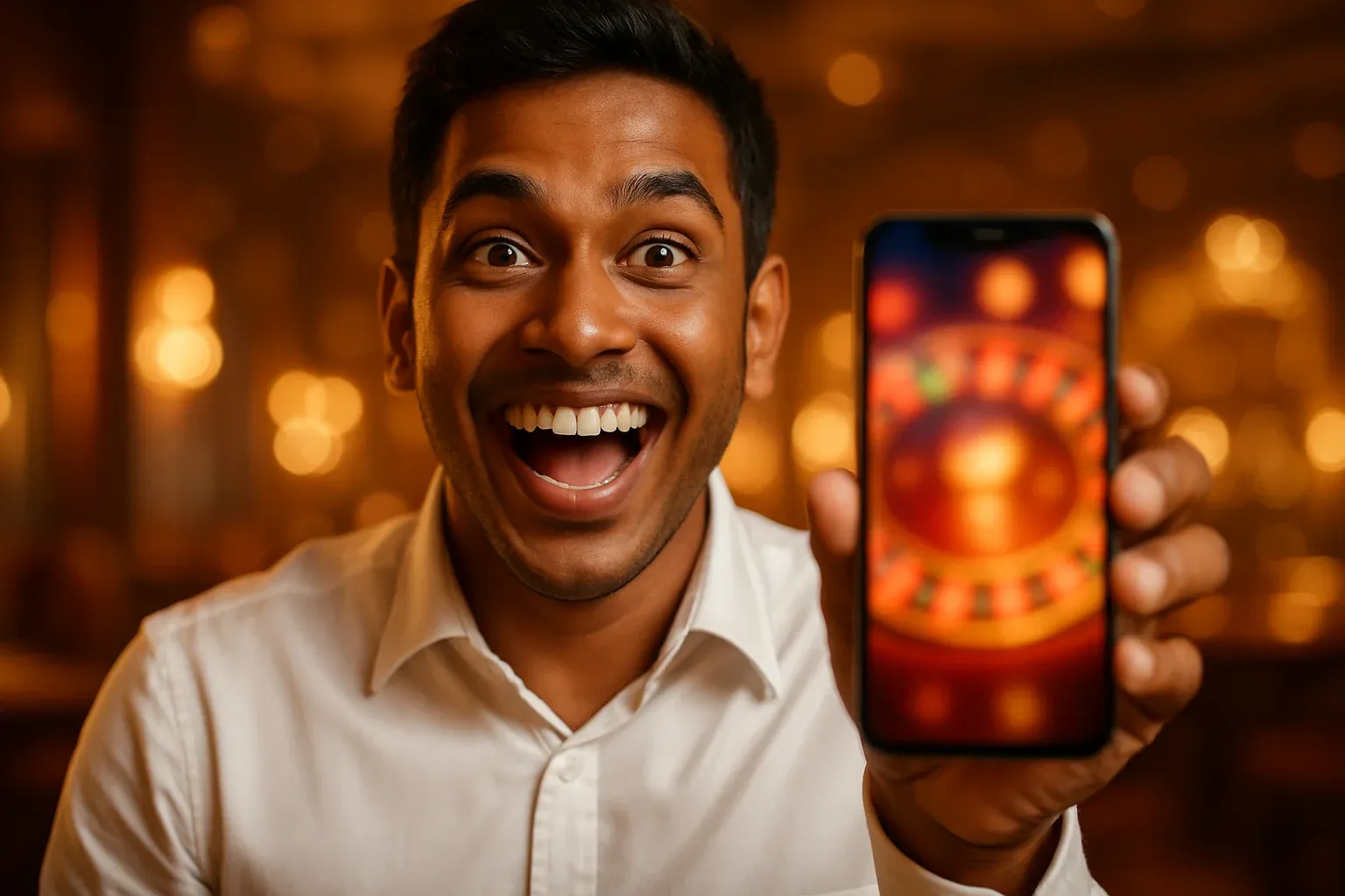 Excited young Bangladeshi man holding smartphone showing blurred casino app interface