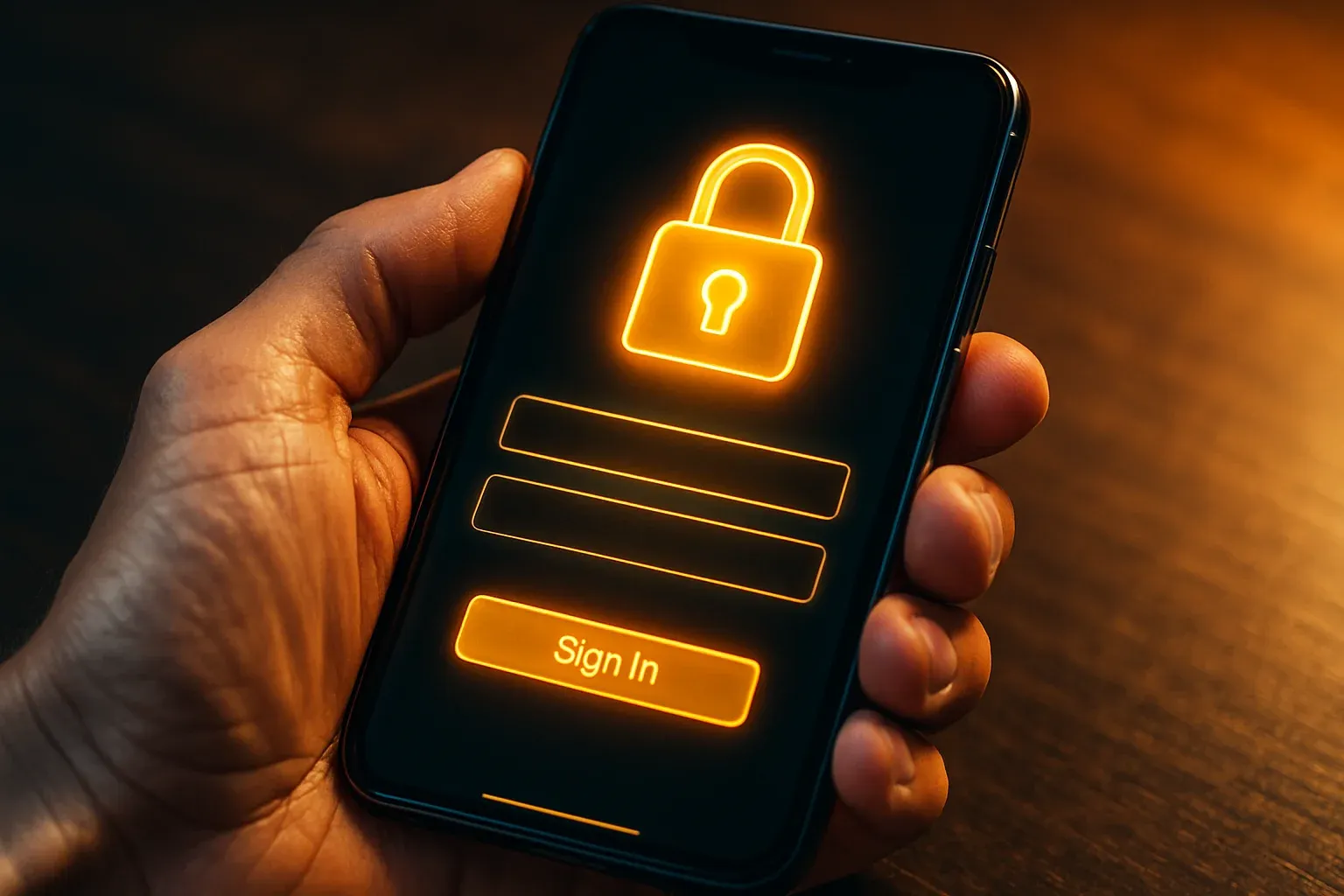 Macro photo of smartphone showing padlock secure login interface in hand