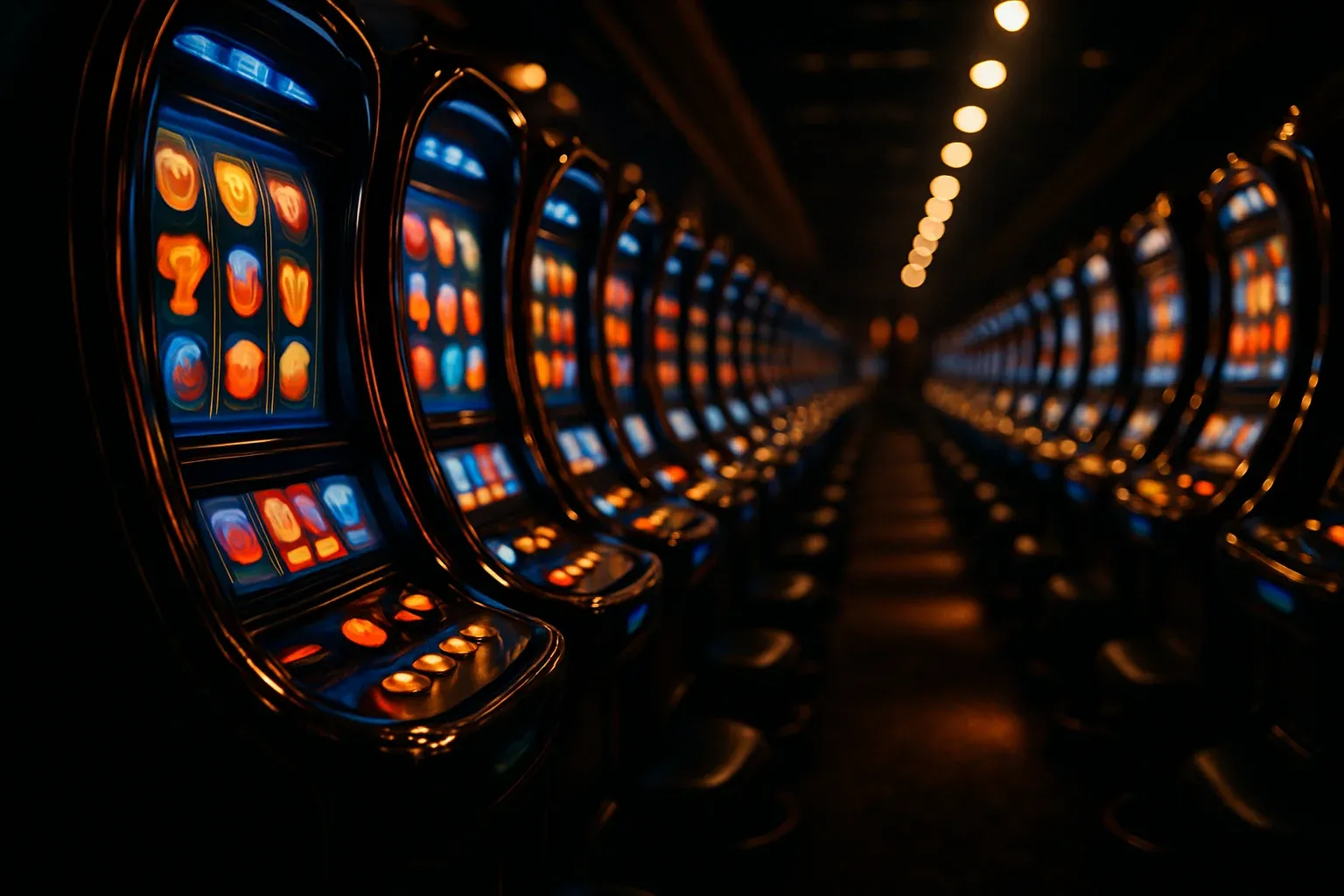Ultra-realistic wide shot of opulent slot machine hall with glowing cabinets